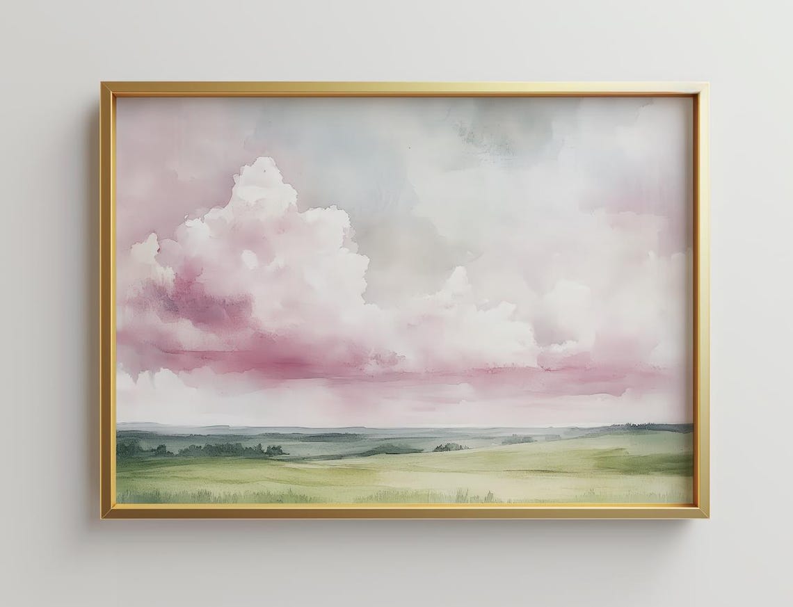 Pink Clouds Pastel Watercolor Landscape Sky Field Art Poster