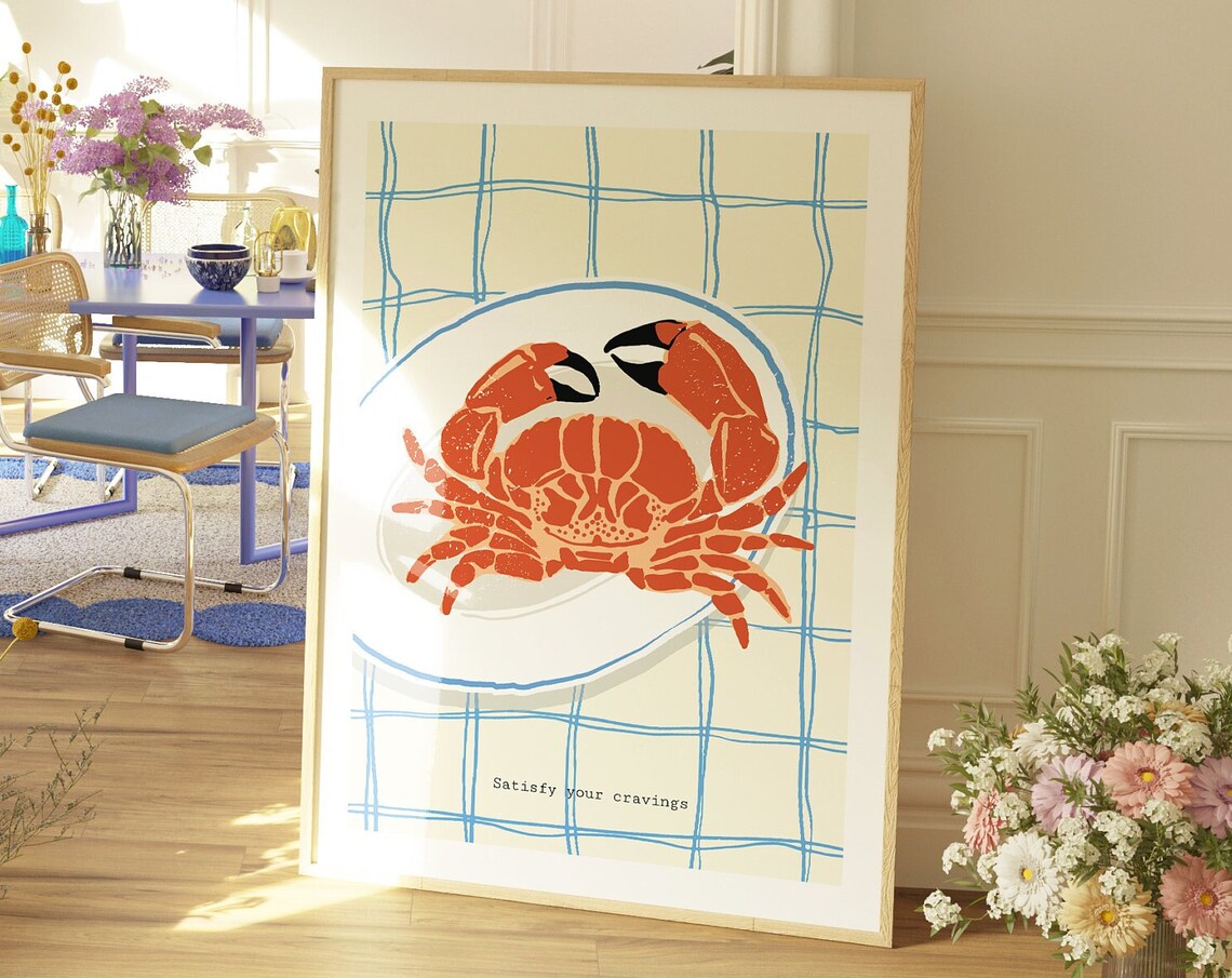 Maximalist Retro Crab Print Eclectic Seafood Poster Vintage Art