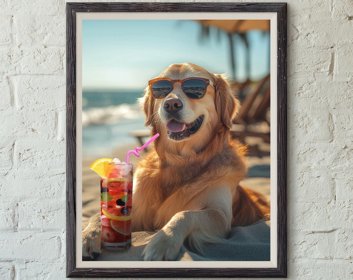 Golden Retriever Dog Poster, Funny Beach Decor
