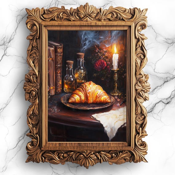 Golden Croissant On Witchs Table Art Dark Oil Painting Magical Food Decor For Kitchen Fod23