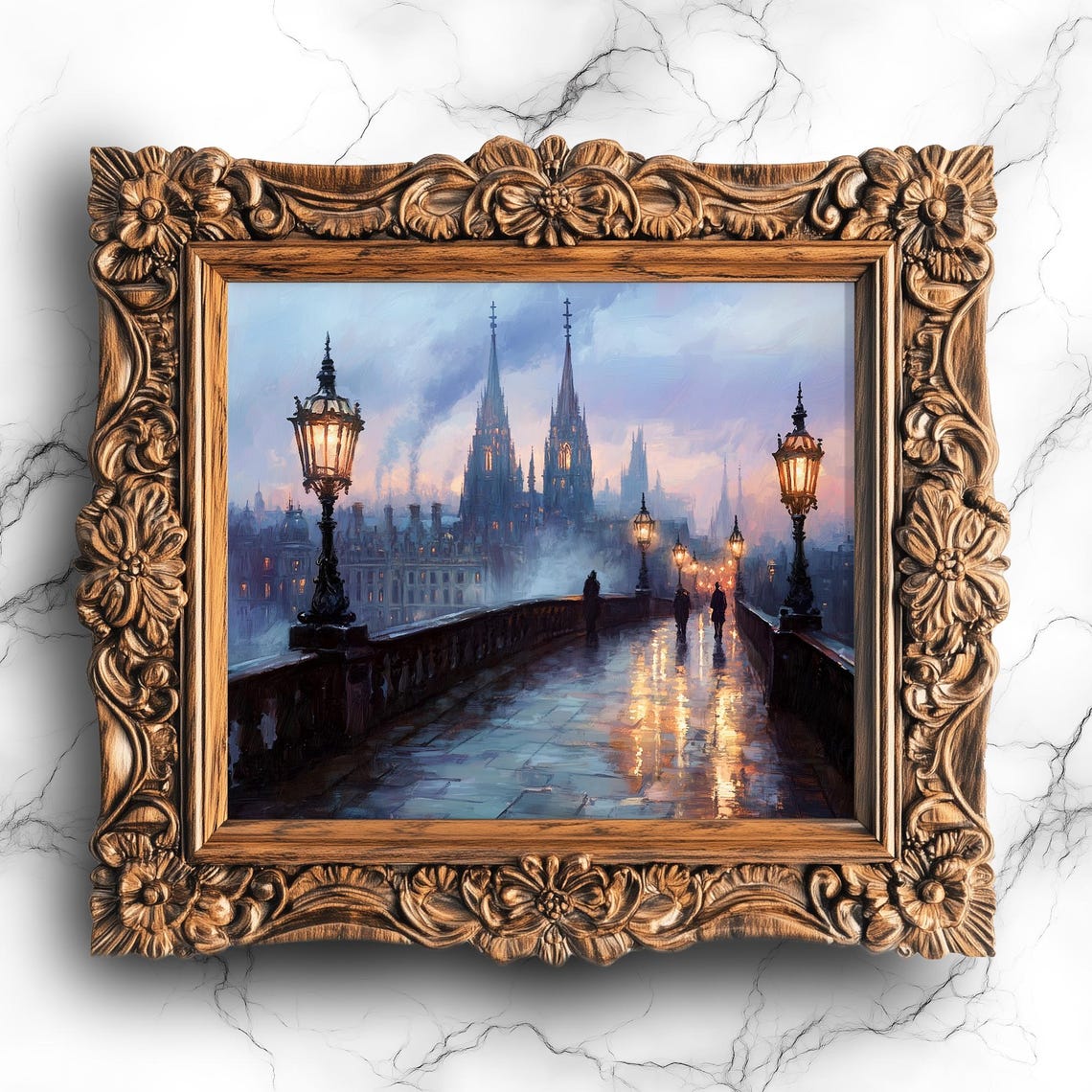 Victorian Twilight City Bridge Gothic Cathedral Oil Art Poster