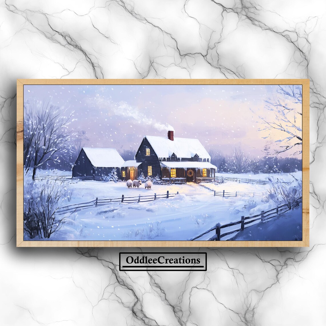 Snowy Victorian Farmhouse Barn Christmas Wreath Winter Art Print