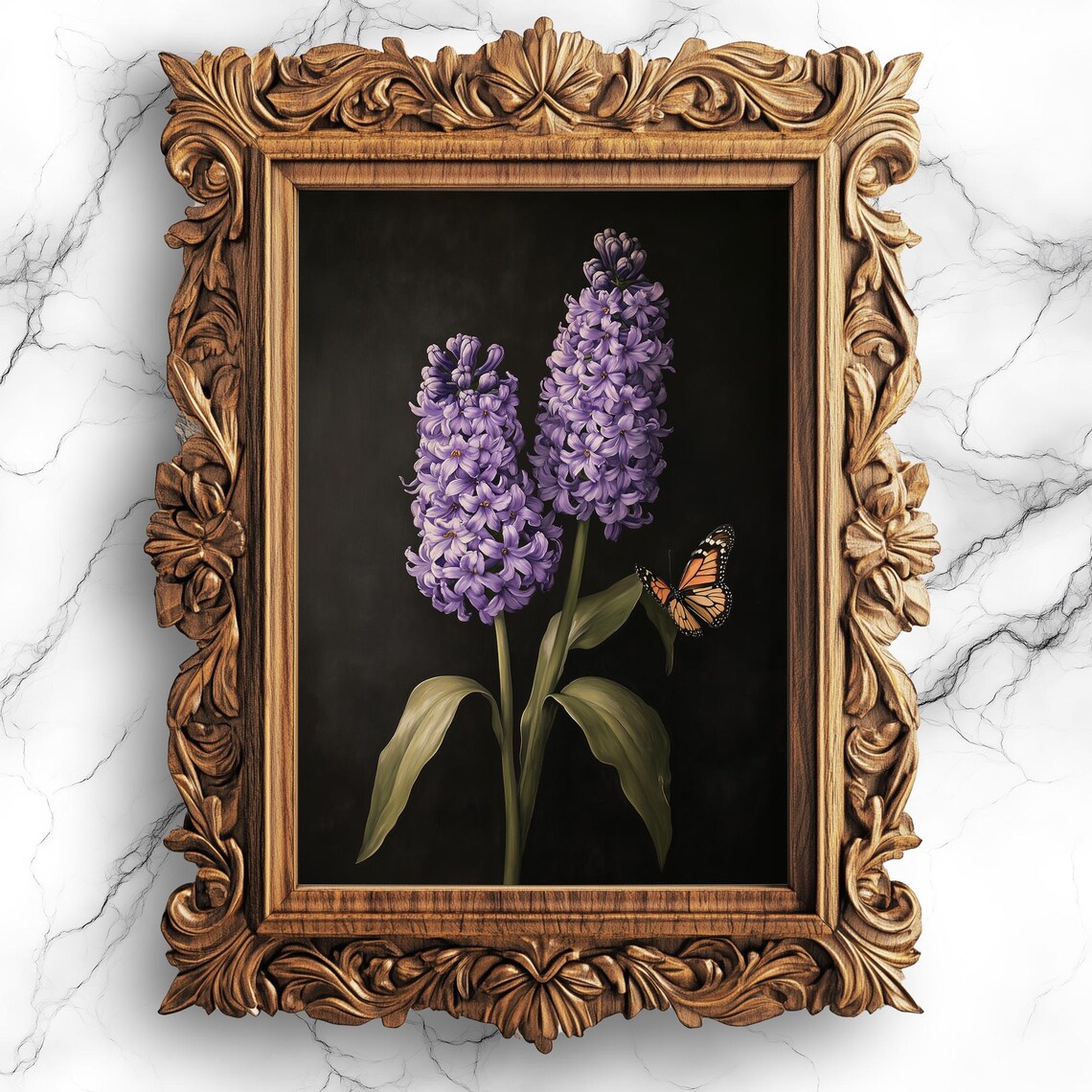 Purple Hyacinth Botanical Poster Butterfly Dark Floral Decor