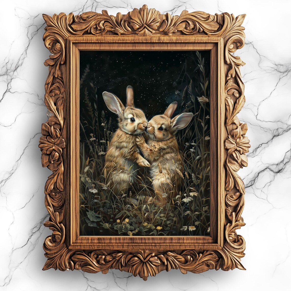 Two Bunnies Nuzzling In Moonlit Night Field Oil Painting Poster