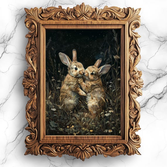 Bunnies Playing In Moonlit Field Cute Animal Art Night Scene Decor Bunny Wall Nature Lover Gift Moonlight Ani12