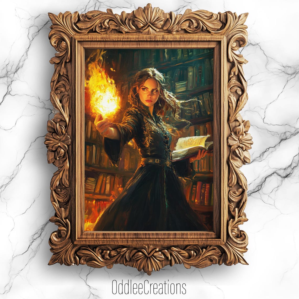 Female Fire Mage Casting Spell in Ancient Library Fantasy Poster