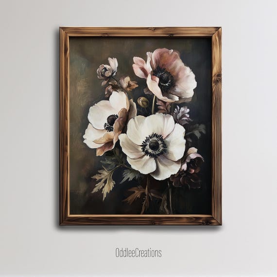 Anemone Flower Print Vintage Botanical Art Dark Academia Wall Decor Oil Painting Style Moody Floral Poster Flw59