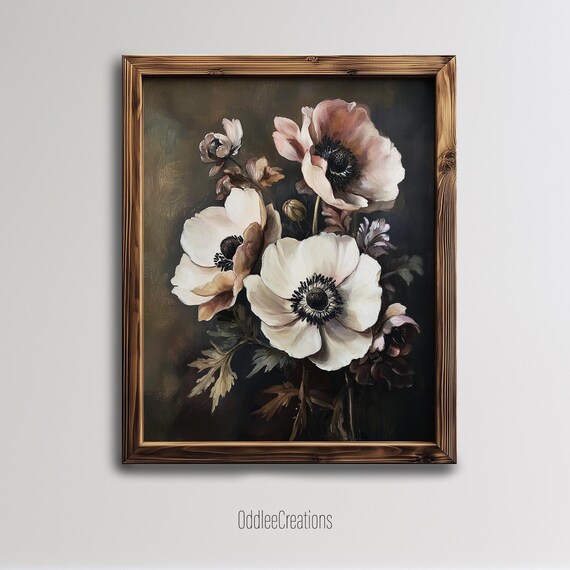 Moody Anemone Flower Bouquet Oil Painting Dark Academia Print