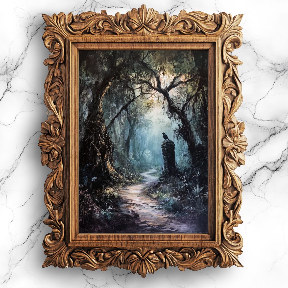 Eerie Misty Forest Pathway With Crow Dark Oil Painting Poster