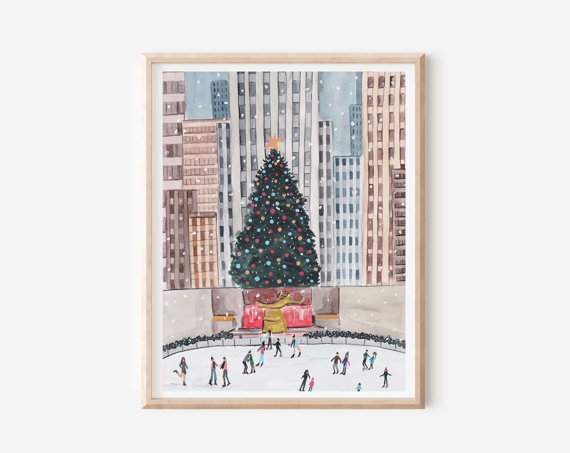 Rockefeller Center Christmas Tree Ice Skaters New York Holiday Poster
