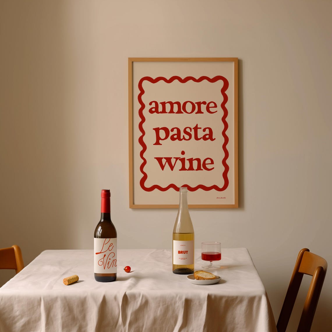 Amore Pasta Wine Bold Red Wavy Frame Italian Kitchen Art Poster