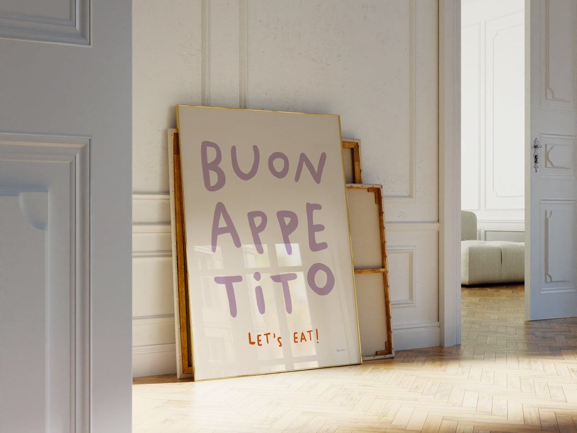 Buon Appetito Lets Eat Lavender Hand Lettered Foodie Kitchen Wall Art