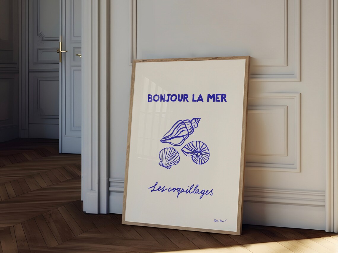 Bonjour La Mer Blue Seashell Line Art French Coastal Chic Poster - Image 4
