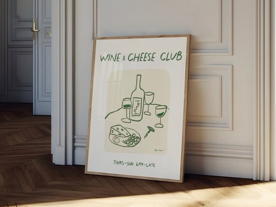 Wine and Cheese Club Line Art Pinot Glasses Kitchen Bar Poster