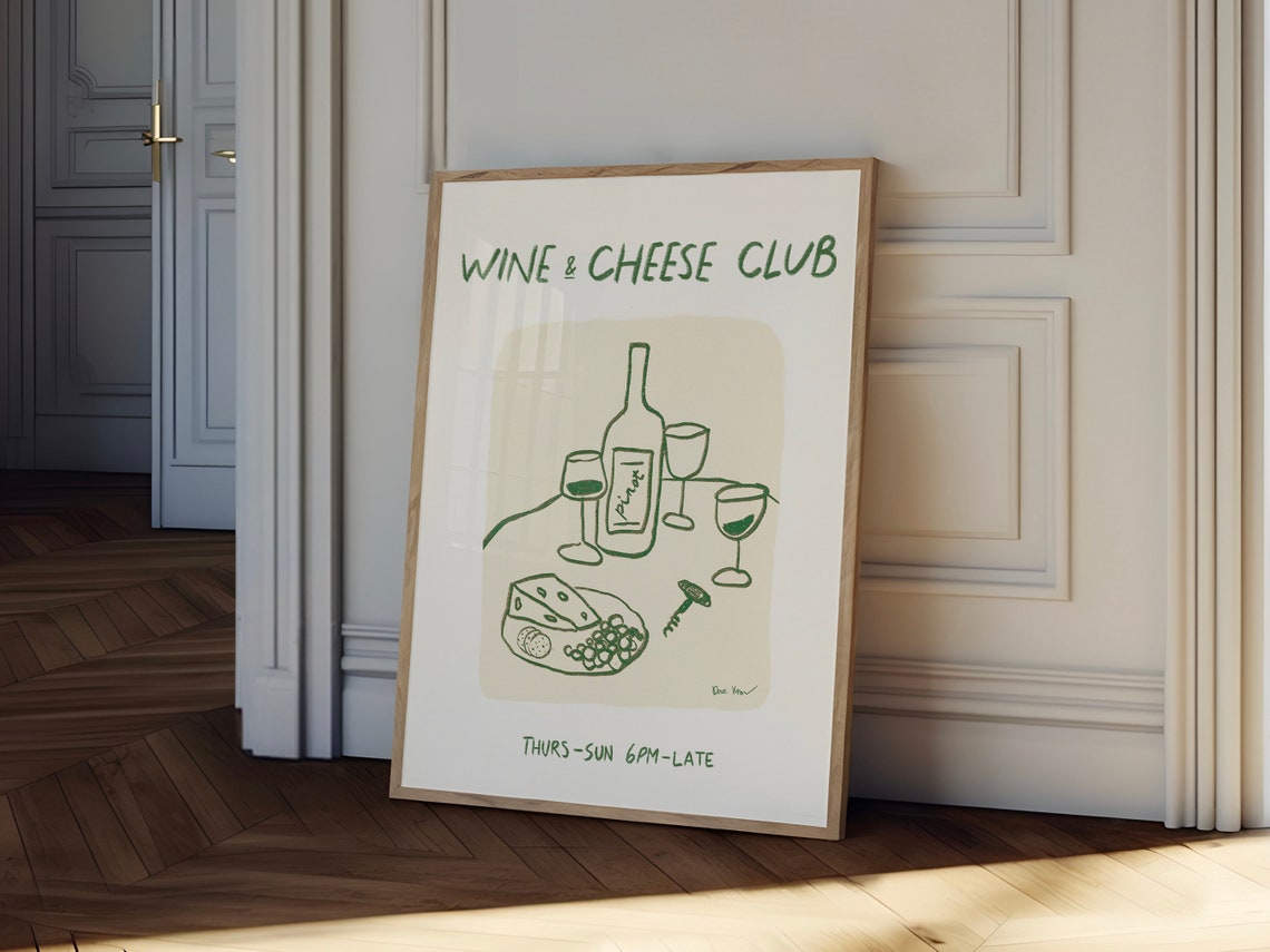 Wine and Cheese Club Line Art Pinot Glasses Kitchen Bar Poster