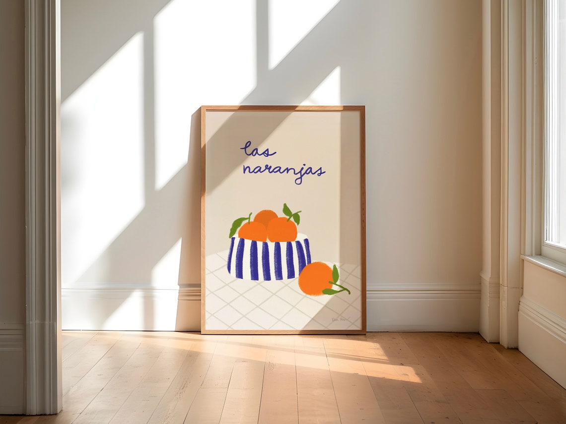 Las Naranjas Oranges in Striped Bowl Blue Brush Kitchen Poster - Image 2