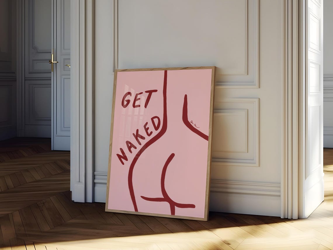 Get Naked Body Positive Line Art Pink Bathroom Quote Wall Poster