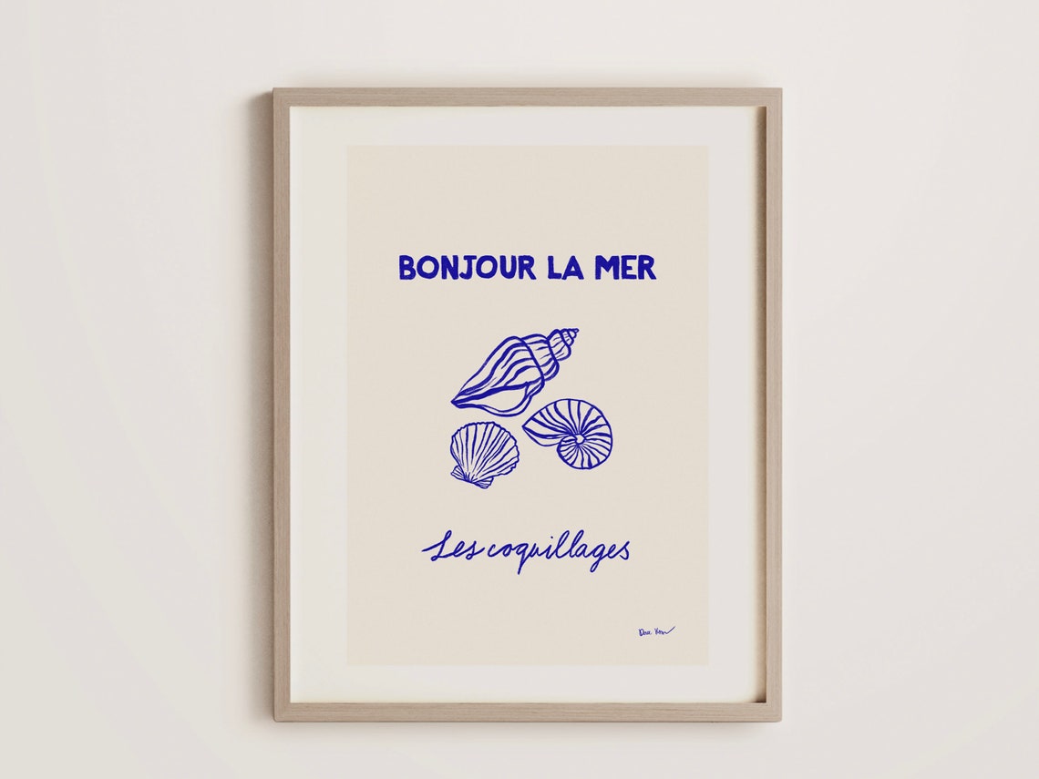 Bonjour La Mer Blue Seashell Line Art French Coastal Chic Poster - Image 3