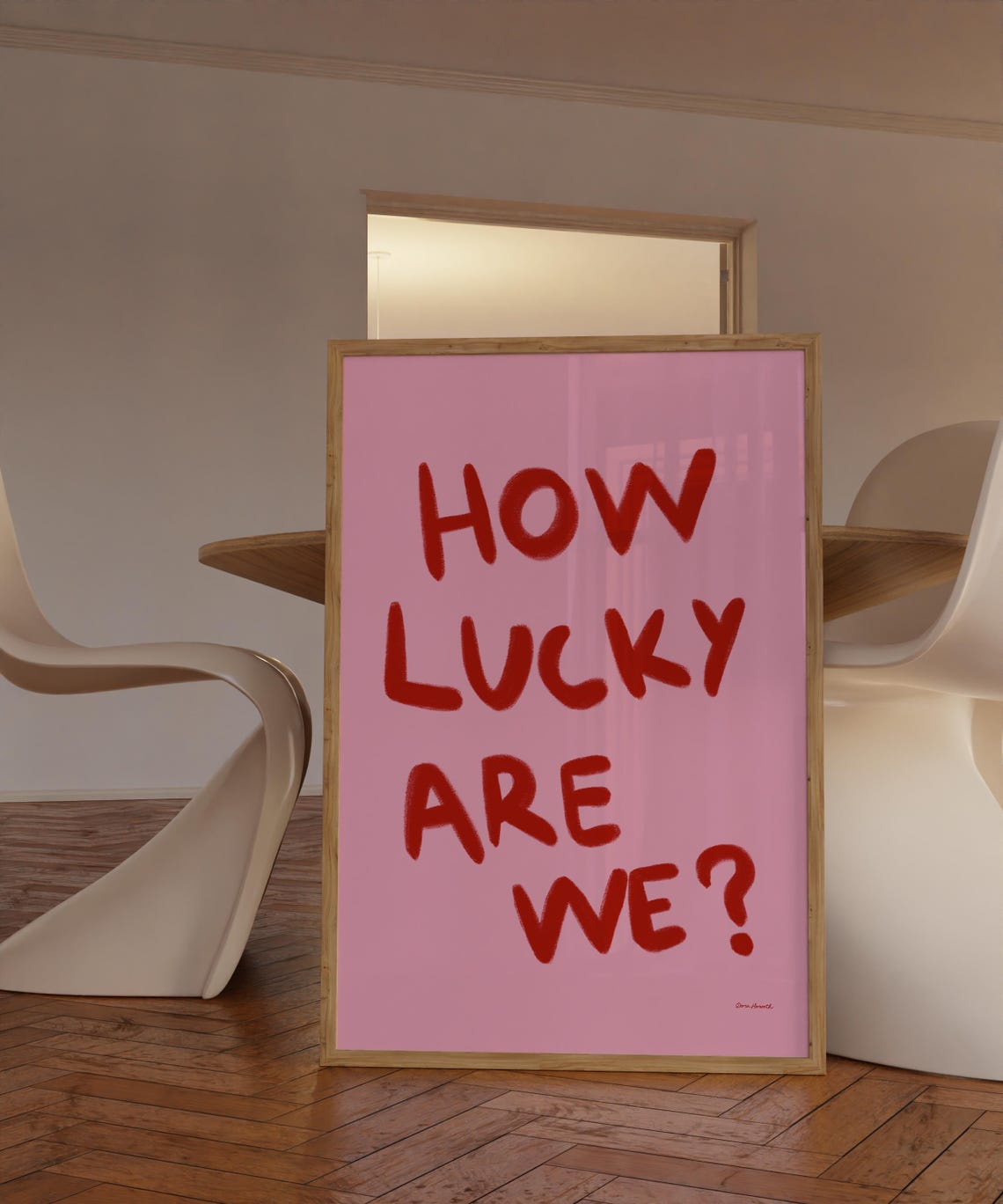 How Lucky Are We Bold Red Pink Trendy Affirmation Art Poster - Image 3