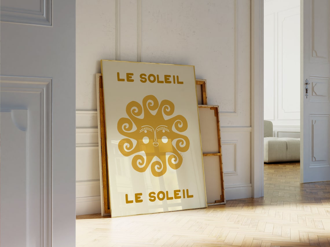 Le Soleil Golden Swirl Sun Face French Bohemian Summer Art Poster