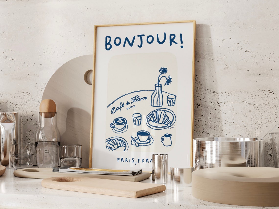 Bonjour Paris French Cafe de Flore Croissant Coffee Line Art Poster - Image 2