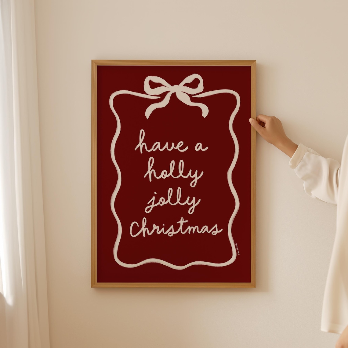 Holly Jolly Christmas Hand Lettered Cream Bow Red Quote Poster