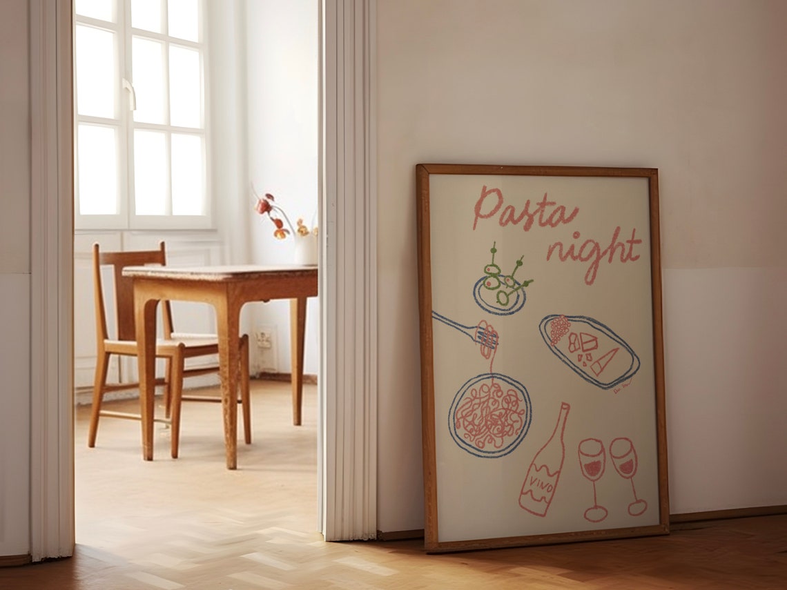 Pasta Night Hand Drawn Spaghetti Wine Dinner Kitchen Decor Poster - Image 3