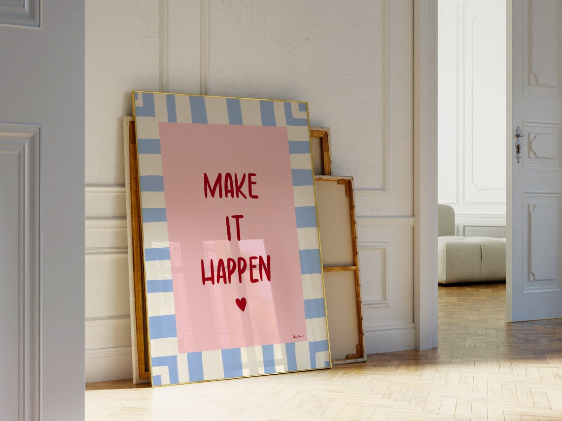 Make It Happen Red Heart Pink Blue Striped Affirmation Poster - Image 3