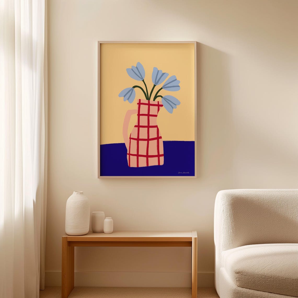 Blue Tulips Checkered Pitcher Yellow Botanical Floral Poster