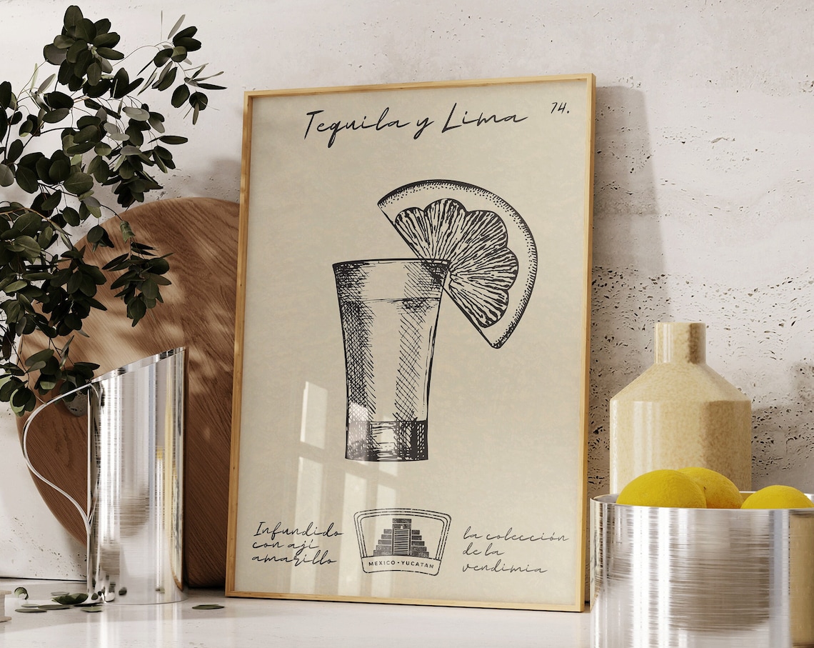 Tequila y Lima Vintage Engraved Shot Glass Mexican Cocktail Art Poster