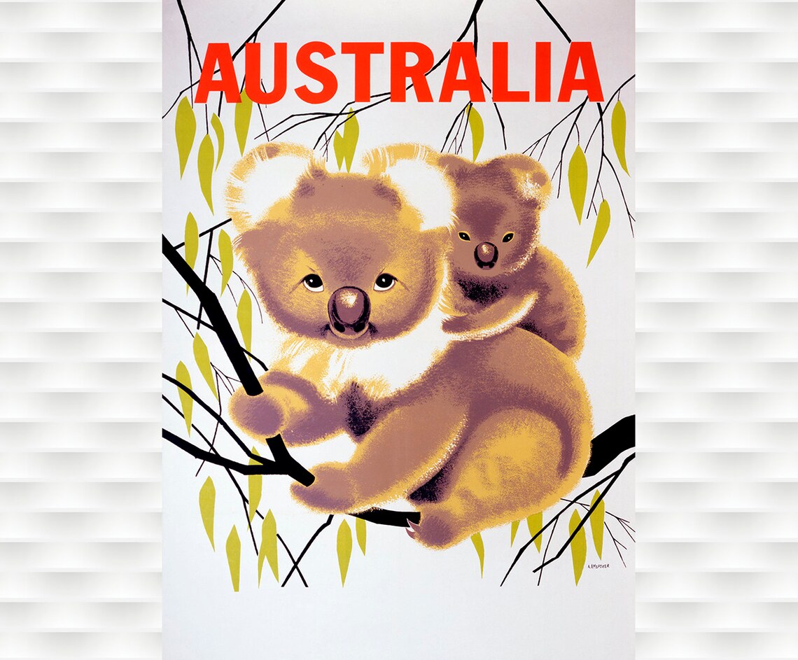 Australia Koala Mother and Baby Eucalyptus Vintage Travel Poster