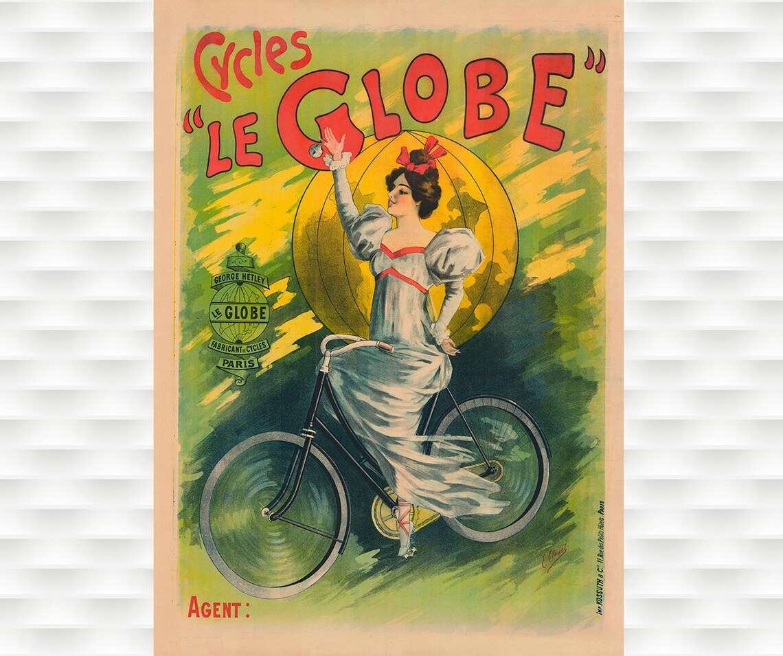 Cycles Le Globe French Vintage Bicycle Woman Globe Art Nouveau Poster