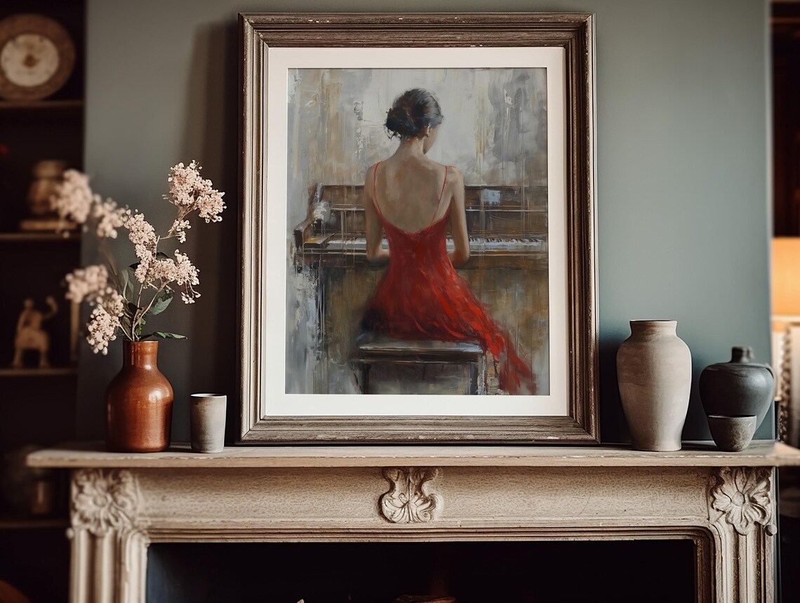 Elegant Woman In Red Dress Playing Piano Impressionist Poster - Image 3