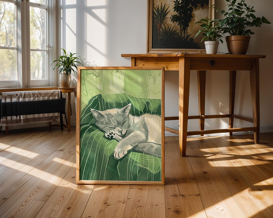Sleeping Gray Tabby Cat On Green Striped Blanket Decor Poster - Image 2