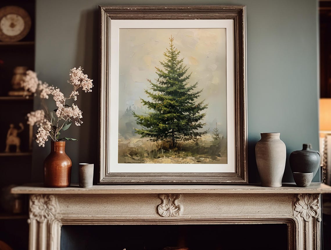 Lone Evergreen Pine Tree Misty Vintage Forest Landscape Poster - Image 2