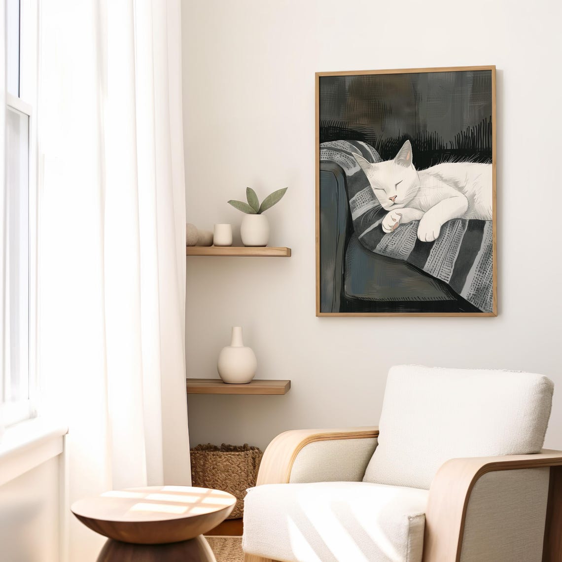 Sleeping White Cat On Dark Gray Striped Armchair Decor Poster - Image 2