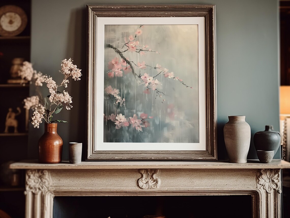 Cherry Blossom Branch Misty Rain Vintage Oil Painting Poster - Image 2