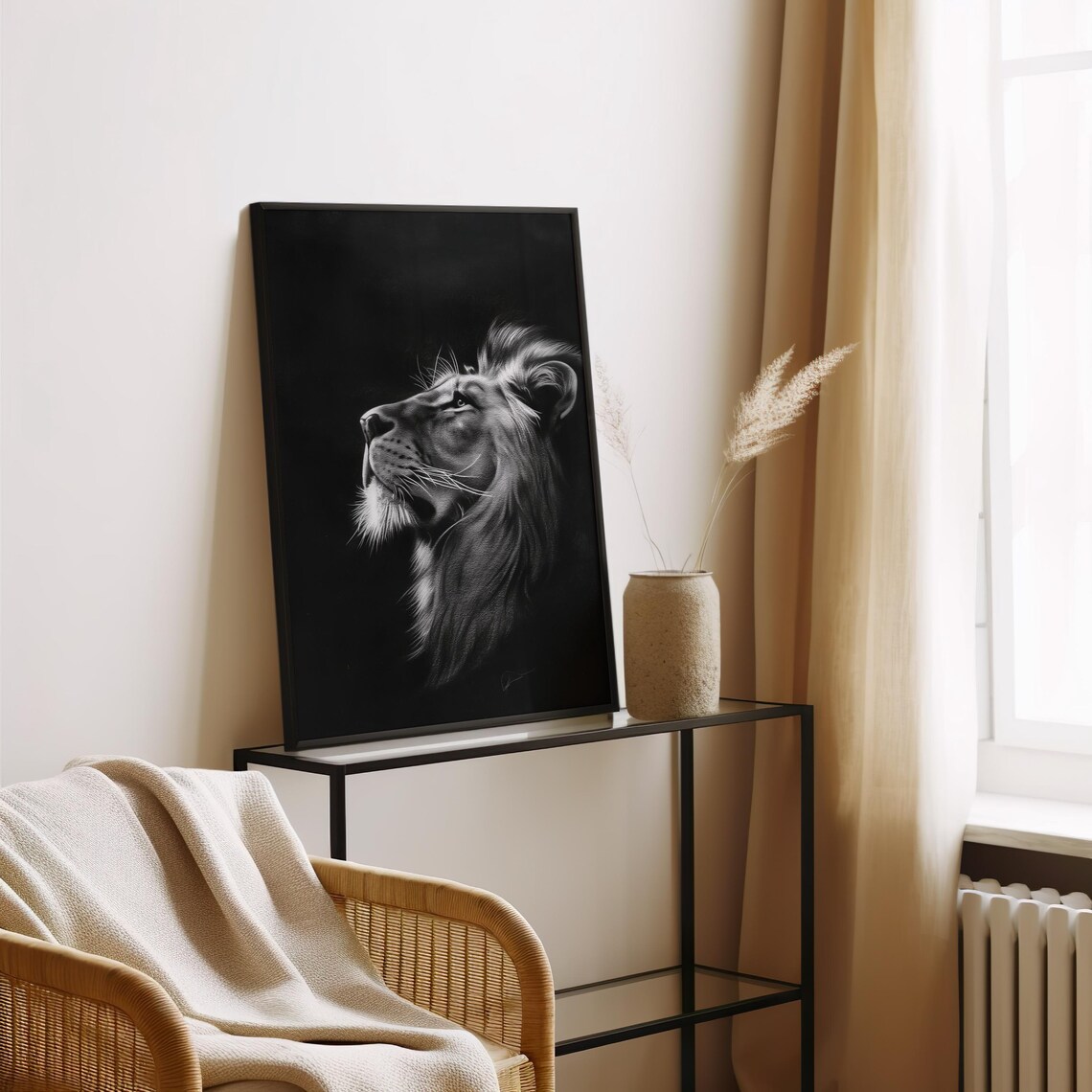 Dramatic Black and White Lion Portrait Gazing Upward in the Dark Poster - Image 3
