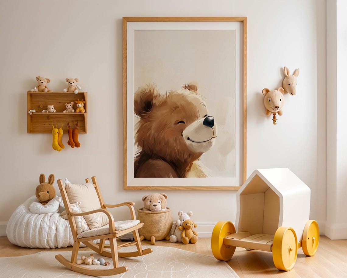 Smiling Teddy Bear with Closed Eyes in Cream Watercolor Poster - Image 2