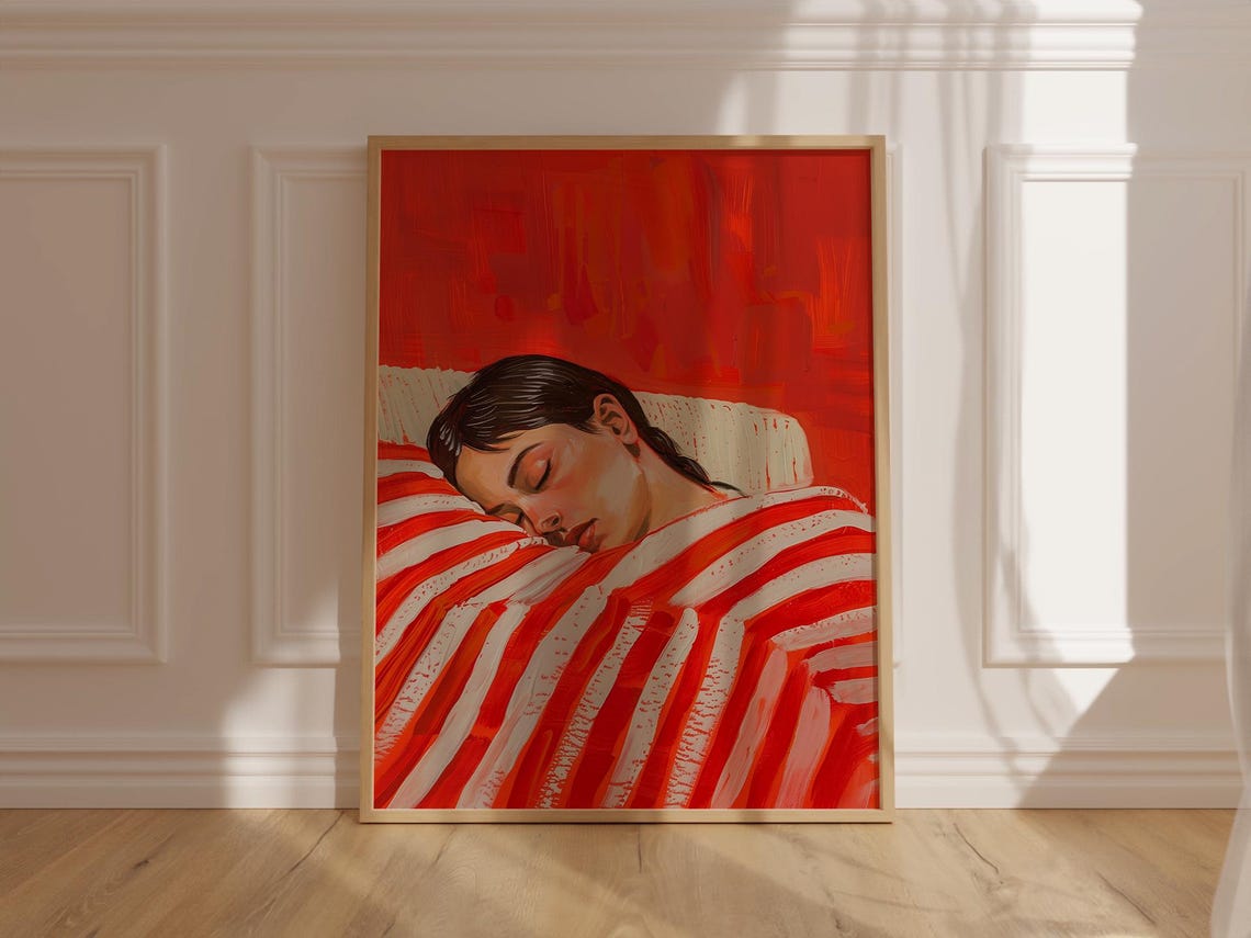 Sleeping Woman Under a Bold Red and White Striped Blanket Poster - Image 2