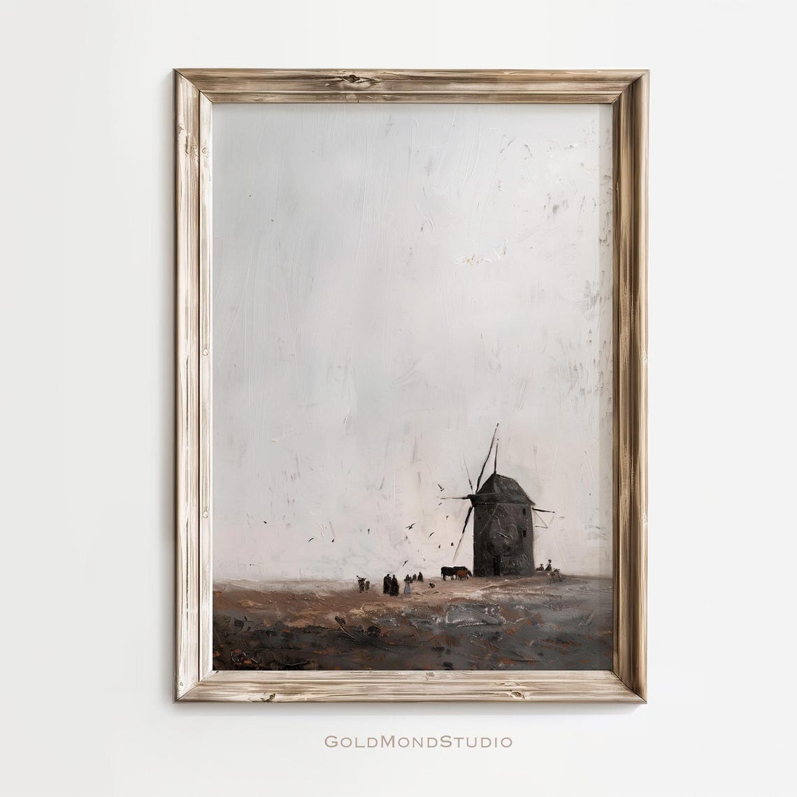 Lonely Windmill On Misty Moorland Minimalist Grey Painting Poster