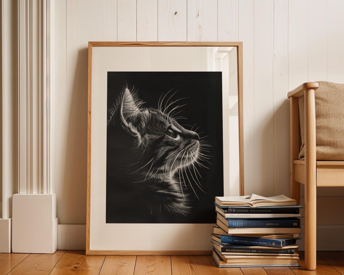 Tabby Cat Looking Up Black Background Monochrome Portrait Poster - Image 2