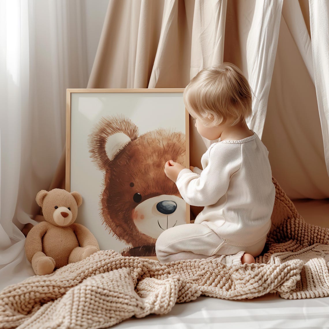 Cute Brown Teddy Bear Face in Soft Watercolor Nursery Art Poster - Image 2