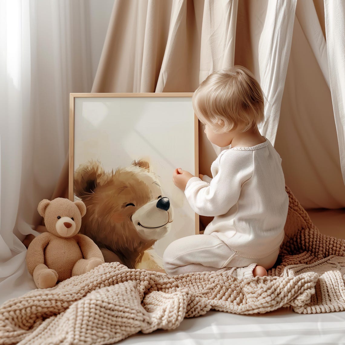 Smiling Teddy Bear with Closed Eyes in Cream Watercolor Poster - Image 3