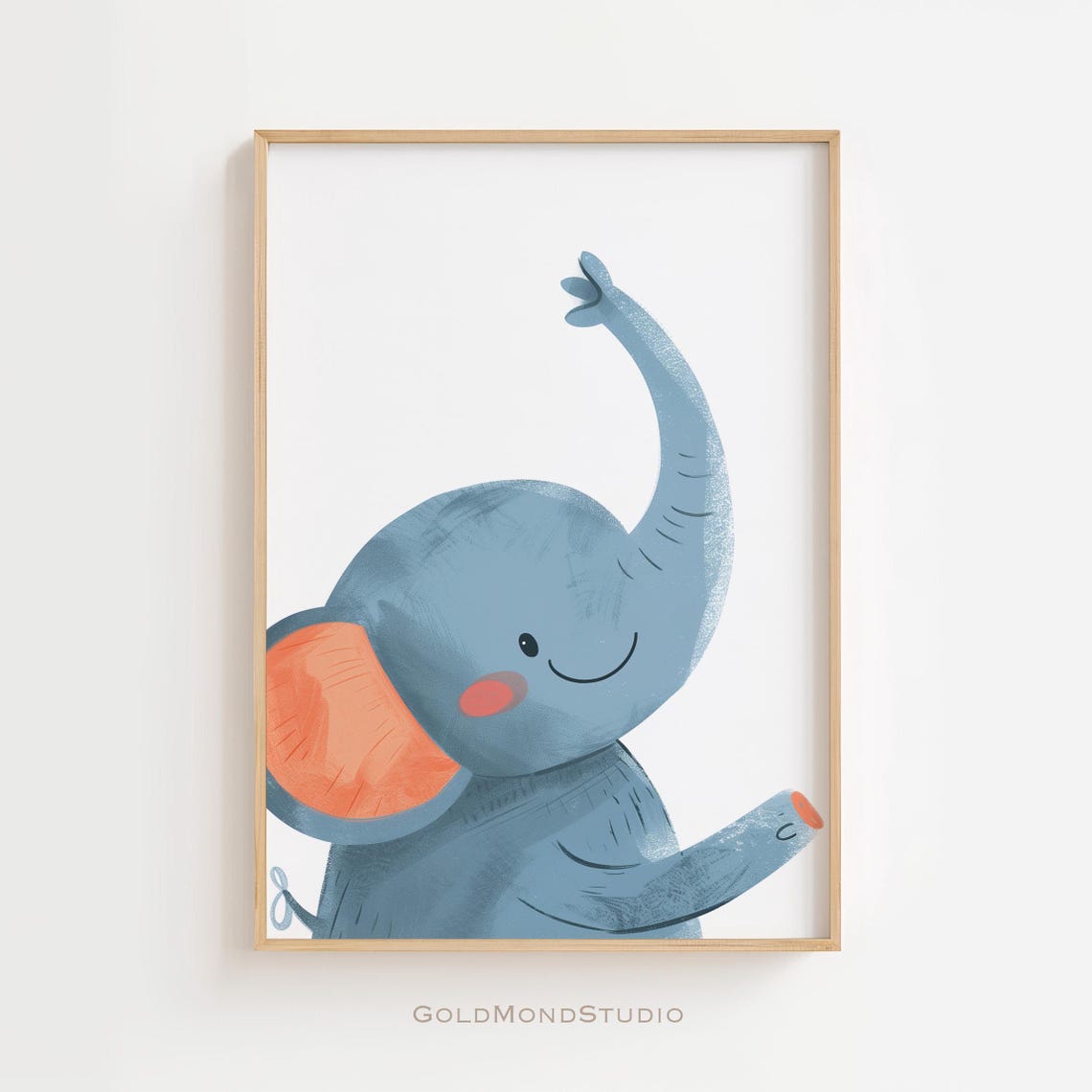Happy Blue Baby Elephant with Raised Trunk and Coral Ears Poster