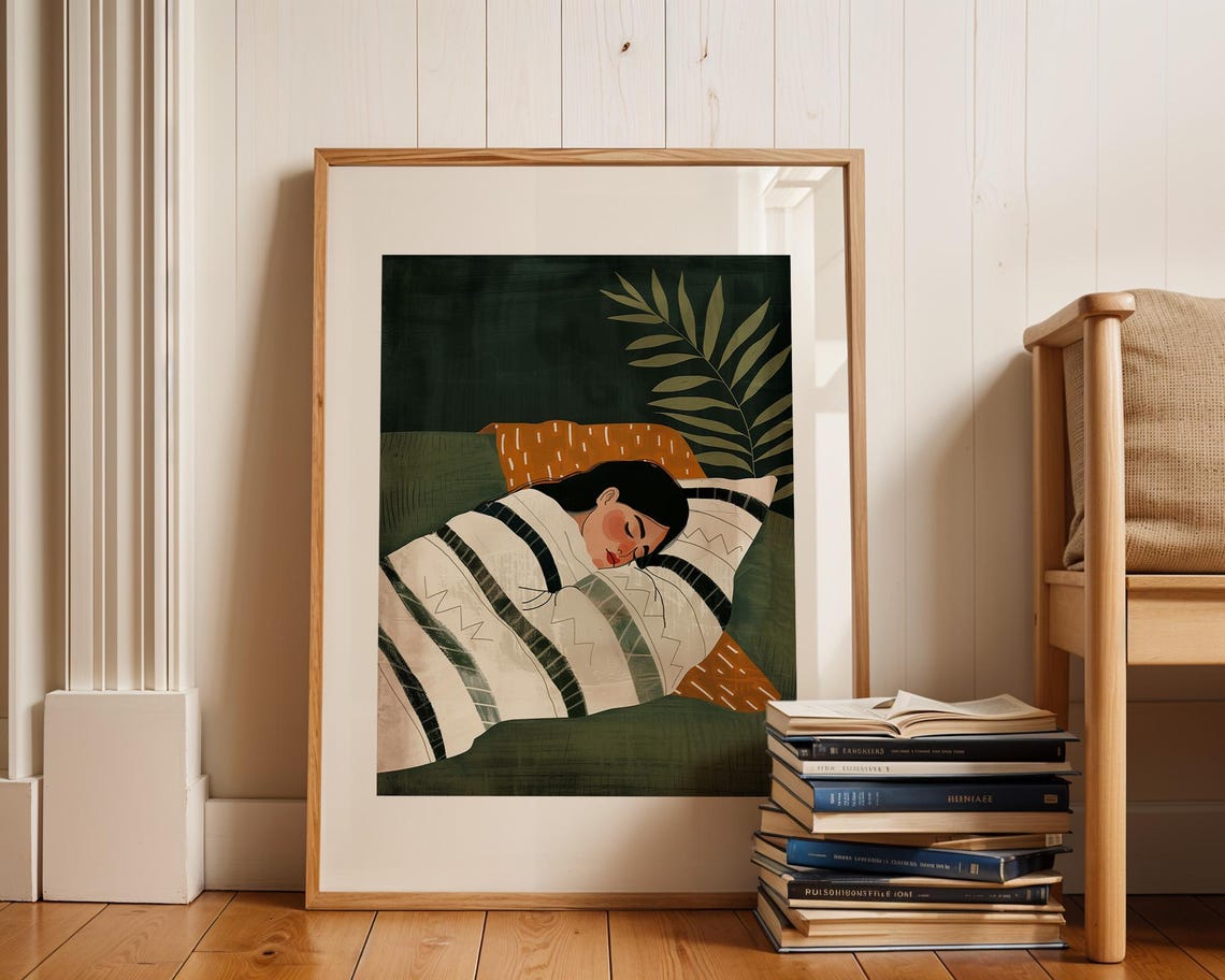 Sleeping Woman In Striped Top Among Dark Green Plants Poster - Image 3