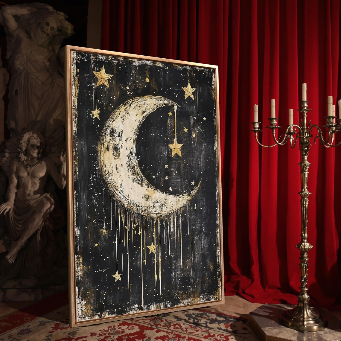 Crescent Moon With Hanging Gold Stars Dripping Black Celestial Art Poster - Image 4