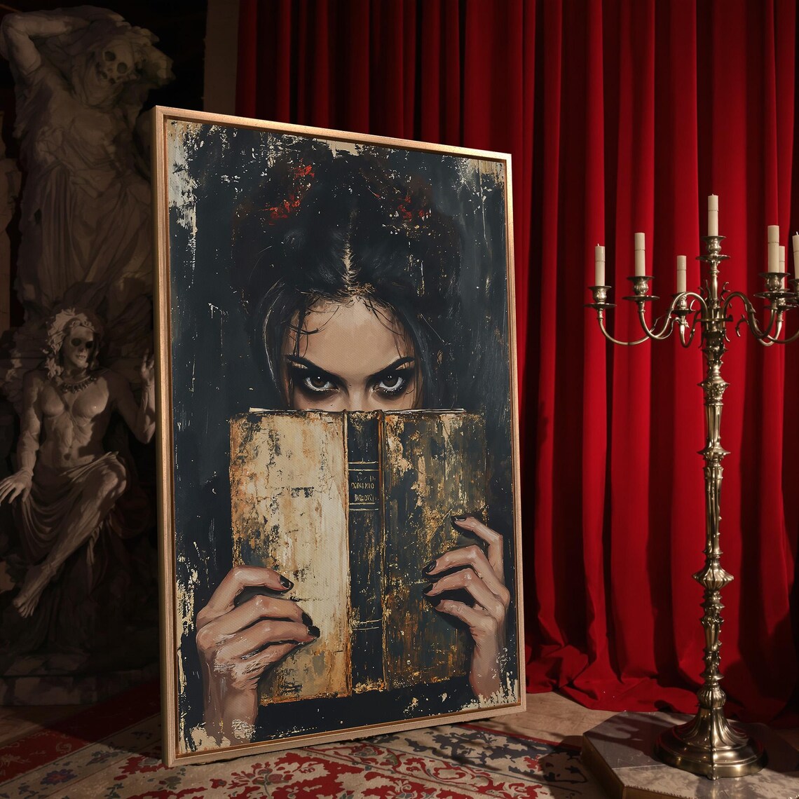 Mysterious Woman Peering Over Old Book Dark Eyes Gothic Reader Wall Art - Image 4