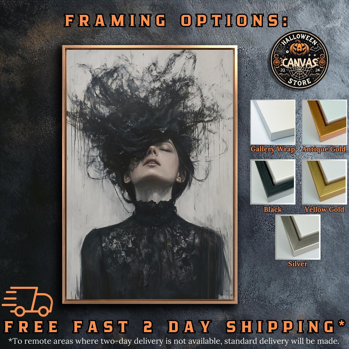 Gothic Woman Wild Black Hair Dark Lace Dress Moody Portrait Poster - Image 5
