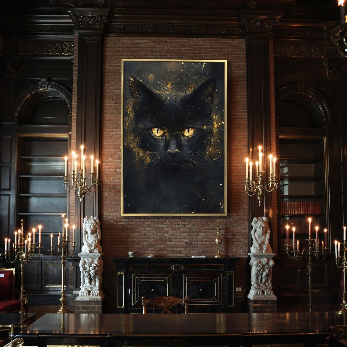 Black Cat Golden Eyes Dark Gold Splatter Dramatic Mystical Feline Wall Poster - Image 2
